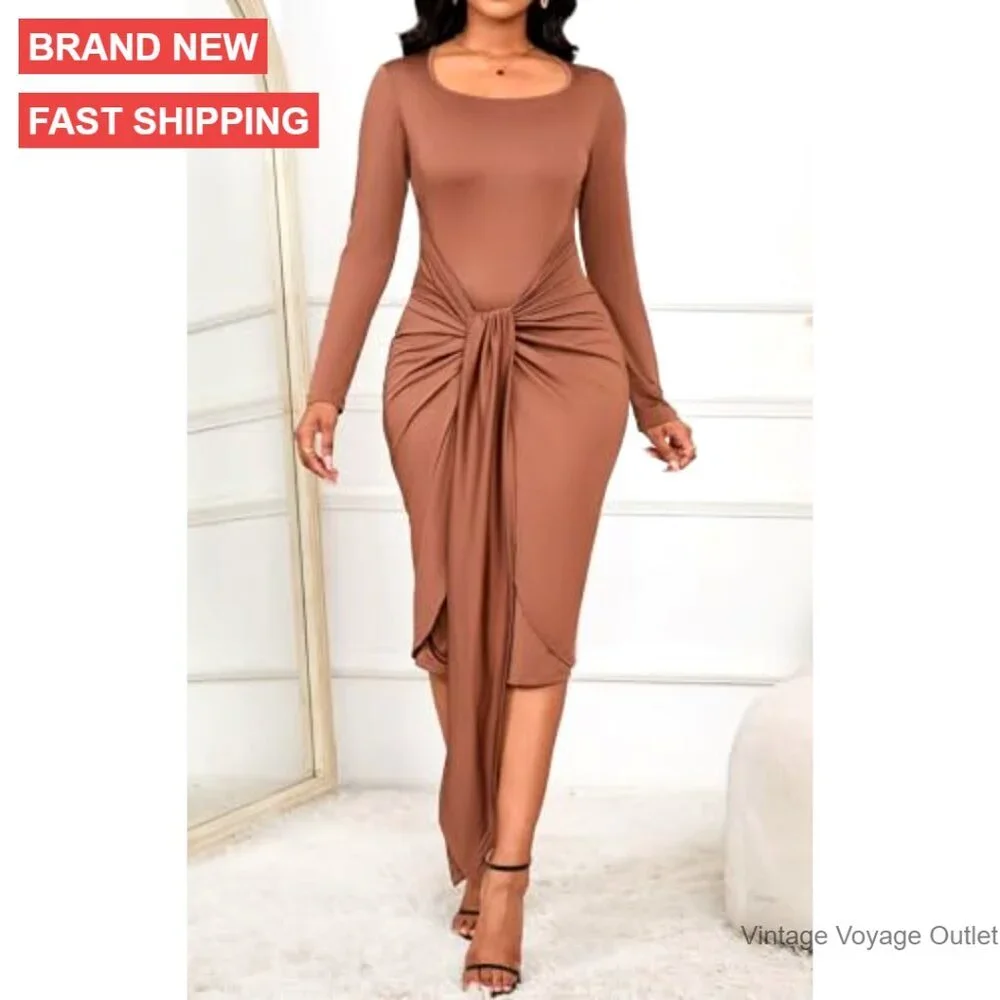 Long Sleeve Bodycon Midi Dress Wrap Tie Square Neck Party Dress - Picture 6 of 7
